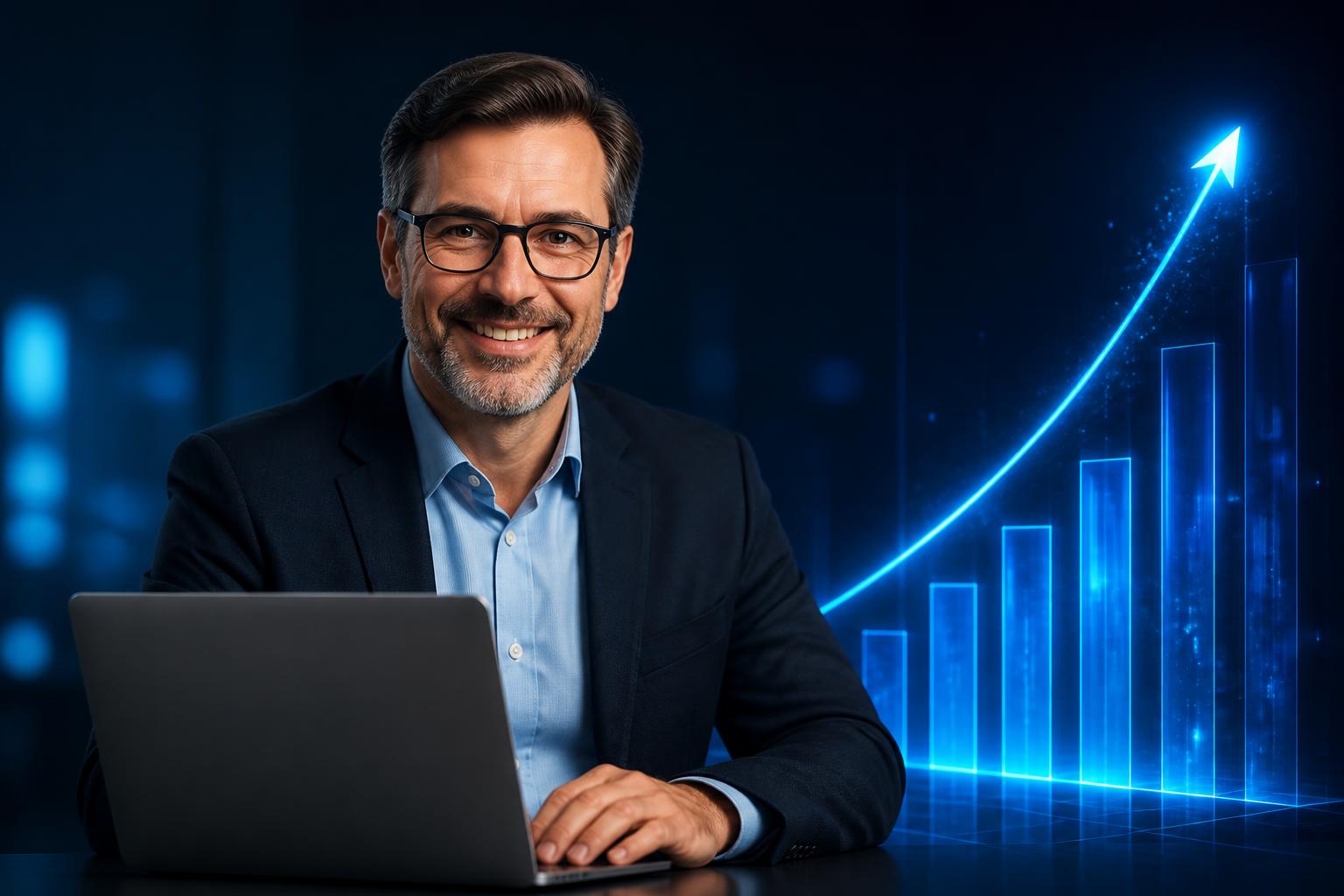 Profissional contábil sorrindo ao trabalhar no laptop com gráficos de crescimento de receita